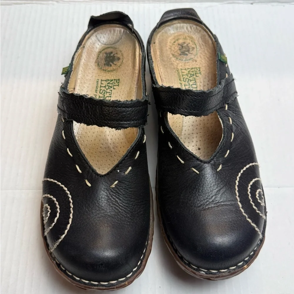 El Naturalista Black Leather Mary Jane Flats EU 38 White Stitch Comfort Shoes - Picture 2 of 10